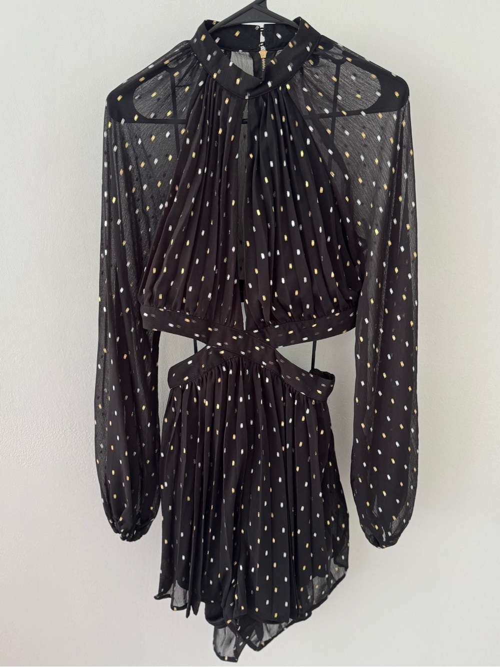 Black Sheer Mini Dress with Gold Dot Accents